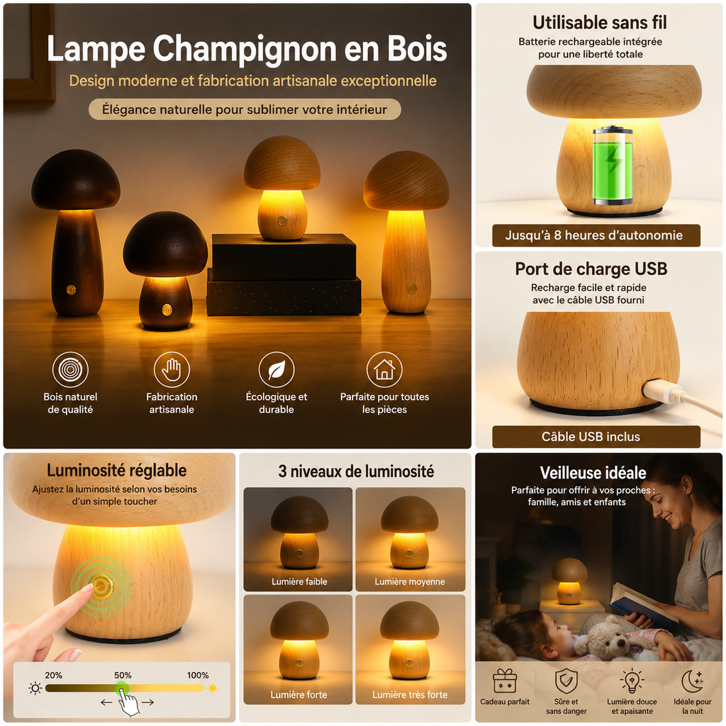 Lampe Champignon en Bois LED Rechargeable